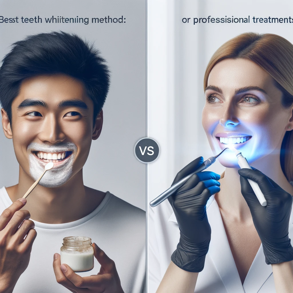 Comparison of a man using a home remedy for teeth whitening on the left and a professional teeth whitening procedure on the right.